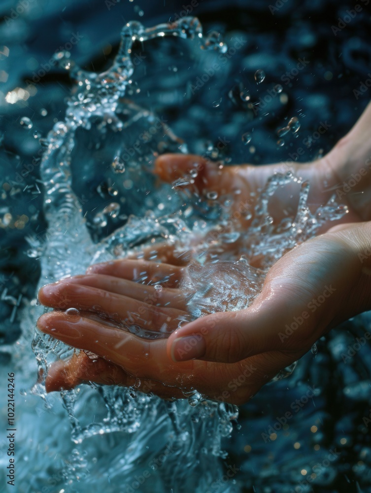 Poster two hands are being rinsed under a stream of clear water, highlighting the importance of hygiene and