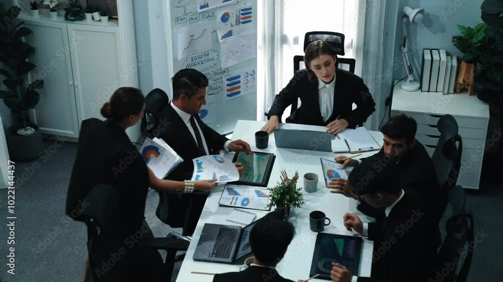Poster top view of investor handed financial document to manager while explain marketing idea at meeting ta