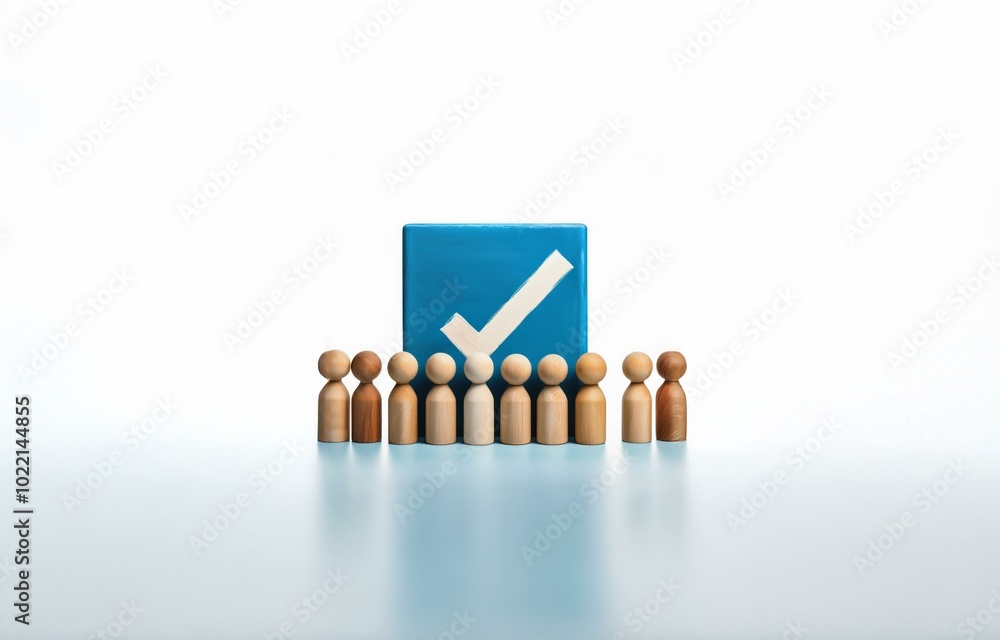 Poster wooden figures stand in a row in front of a blue square with a white checkmark.