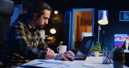 Self employed developer updating artificial intelligence machine learning algorithm, writing binary...