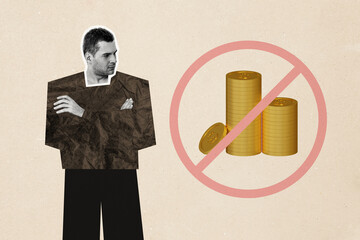 Composite photo collage of sad businessman loss coin money capital forbidden sign economy inflation...