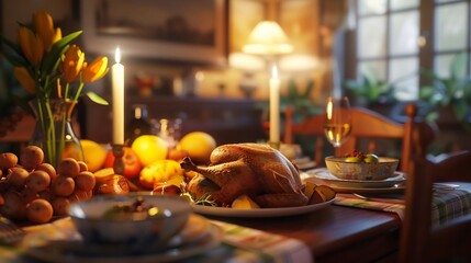 Fototapeta premium Family dinner scene with a roast chicken potatoes and vegetables served in a warm and inviting dining room