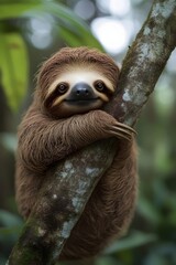 Fototapeta premium A sloth hangs upside down on a tree branch, looking directly at the camera with a cute, goofy expression.