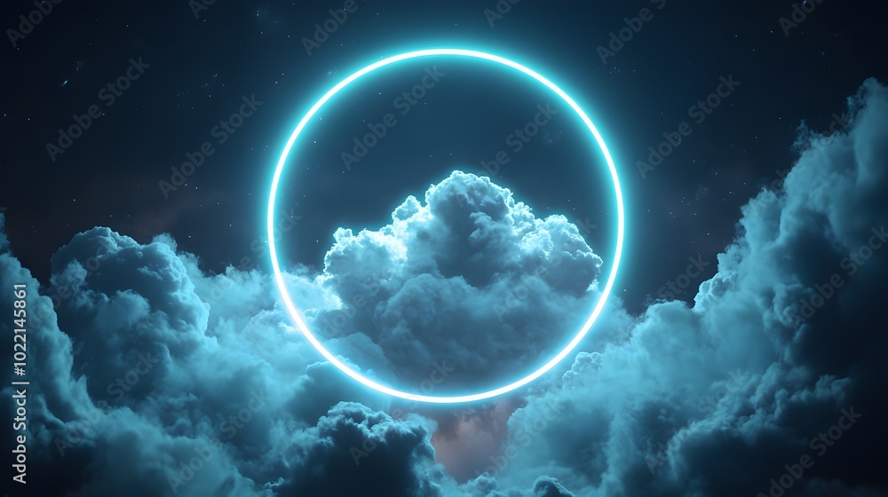 Poster 2. **design a captivating scene with a luminous round neon ring that highlights a fluffy night cloud