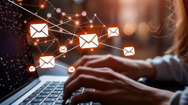 Woman using laptop with email icons