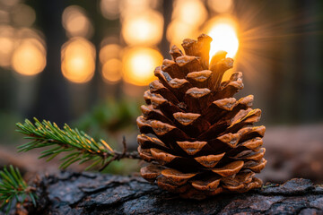 A pinecone rests on a tree branch with the golden rays of the rising sun piercing through the trees, creating a serene and peaceful nature scene.
