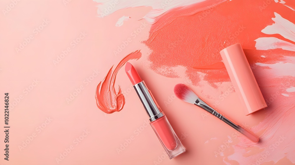 Poster 1. **create an overhead view of a liquid lipstick and applicator resting on a pink background, accom