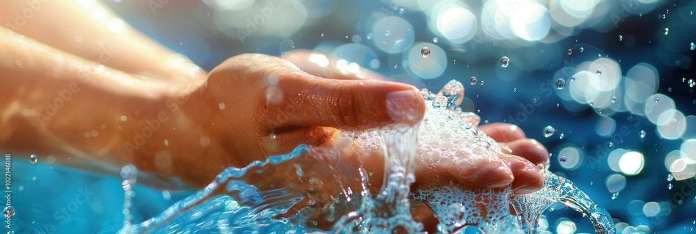 Poster Hands are being thoroughly washed under flowing water, creating bubbles in a bright and vibrant setting, highlighting the importance of hygiene. Generative AI