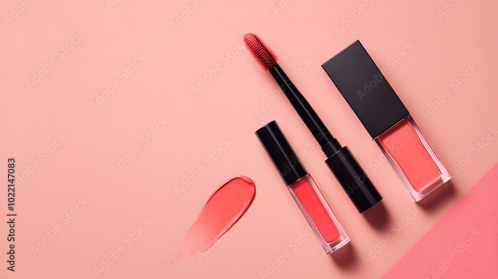 Poster 1. **create an overhead view of a liquid lipstick and applicator resting on a pink background, accom