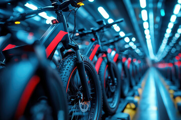 A collection of stylish electric bicycles in bold colors is arranged in a shop under cool lighting, highlighting their innovative design and modern appeal.