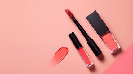 Obraz premium 1. **Create an overhead view of a liquid lipstick and applicator resting on a pink background, accompanied by a lip gloss tube and brush on a coral surface. The arrangement should be visually