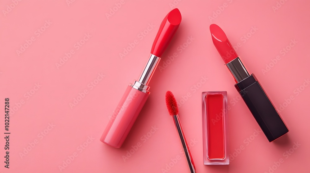 Poster 1. **create an overhead view of a liquid lipstick and applicator resting on a pink background, accom