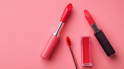 Obraz premium 1. **Create an overhead view of a liquid lipstick and applicator resting on a pink background, accompanied by a lip gloss tube and brush on a coral surface. The arrangement should be visually