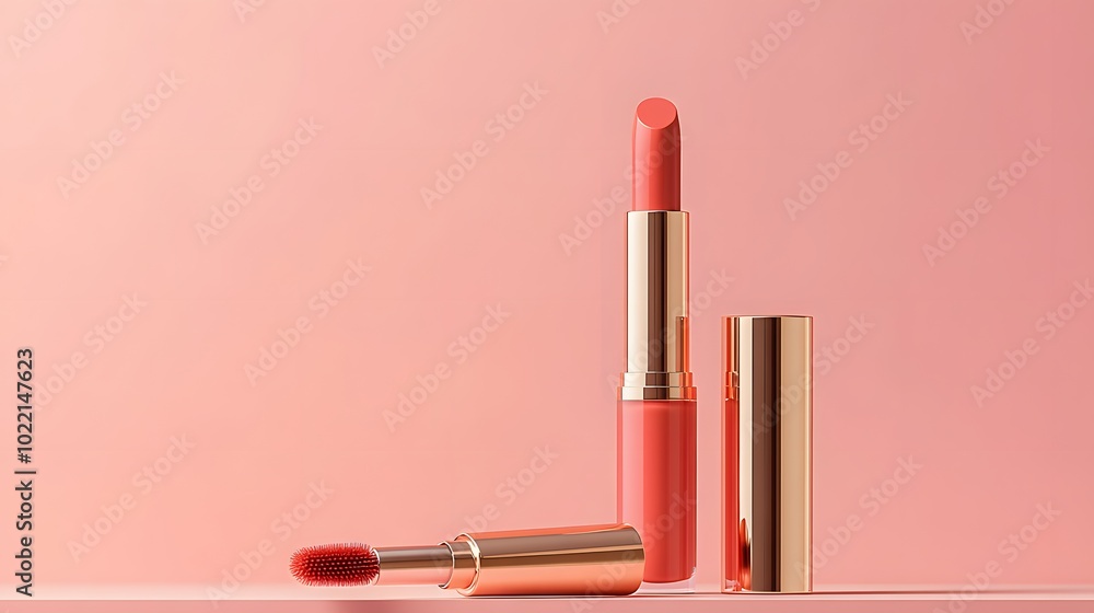 Poster 2. **design a charming scene showcasing a liquid lipstick and its applicator on a soft pink backgrou