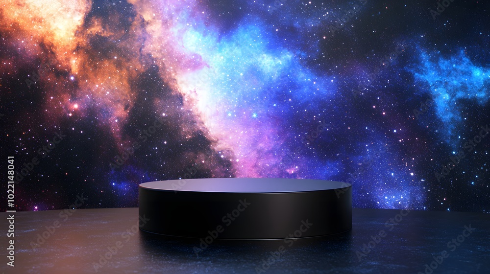 Poster 1. **create a stunning image of an empty 3d podium with a sleek black finish, set against a breathta