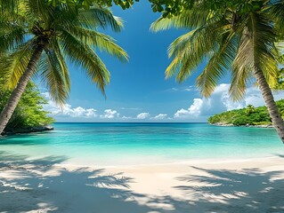Tranquil tropical beach scene with two palm trees framing a view of the crystal-clear turquoise water.