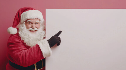 Naklejka premium Cheerful Santa Claus Promoting Holiday Spirit with Blank Advertising Board