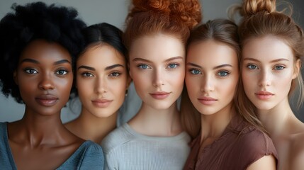 Obraz premium Group of diverse women posing in studio, each with unique hairstyles and fashion, their eyes fixed on the camera, set against a sleek grey background