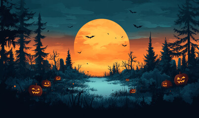 Halloween Illustration Spooky Landscape with Pumpkin Jack-o'-Lanterns and Full Moon