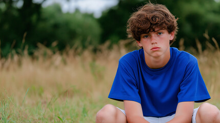 Naklejka premium Sad Caucasian teenage boy feeling loneliness and misunderstanding, struggling with parents, experiencing school problems and lack of friends, navigating adolescence and growing up challenges