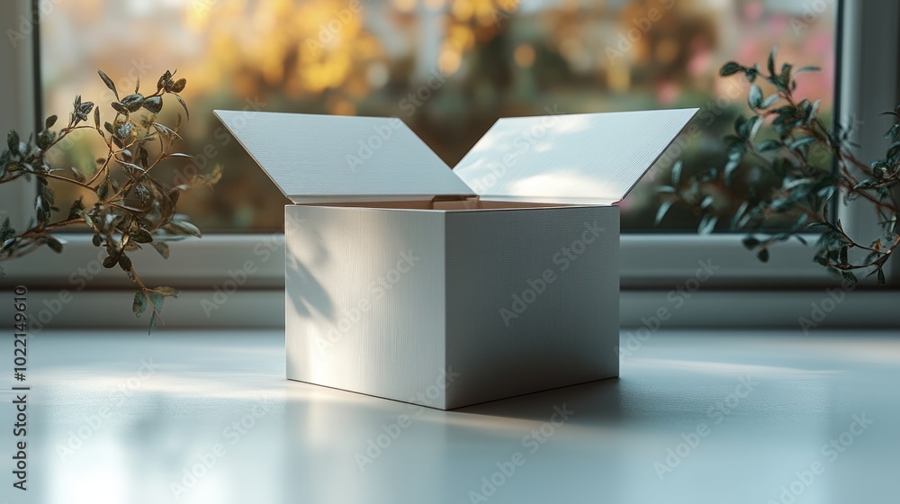 Poster a simple open box on a table with plants in the background.
