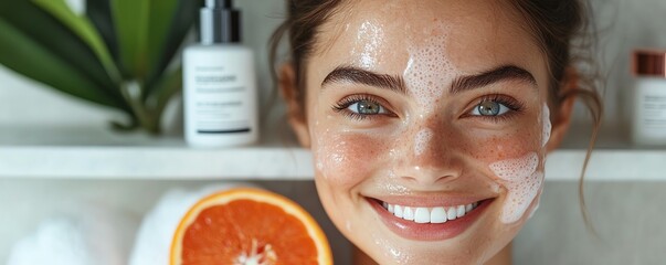 A joyful face framed by a selection of skincare products and a half orange, representing the pursuit of happiness and healthy skin