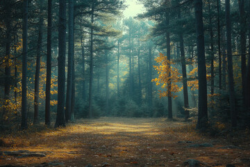 A forest with a path in the middle and a tree with yellow leaves