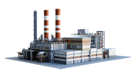 A large industrial complex with two tall chimneys isolated on white background. Generative ai