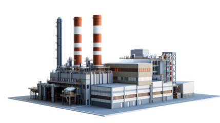 A large industrial complex with two tall chimneys isolated on white background. Generative ai