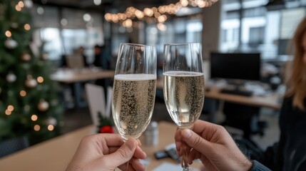 Seasonal joy: corporate New Year's greetings accompanied by sparkling wine, lighthearted fun, fostering sense of connection, celebration, perfect for ringing in new year with colleagues, partners.