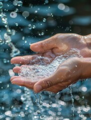 Fototapeta premium Two hands are being washed, cupping water flowing from a clear stream in an outdoor environment, sparkling under the sunlight. Generative AI