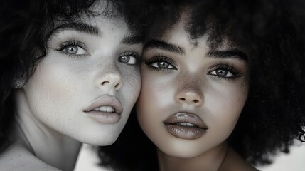 Obraz premium Close-up portrait of multiracial women, studio environment, clean grey backdrop, soft focus on faces, contemporary fashion styling, elegant, monochromatic tones, digital illustration