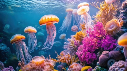 Beautiful glowing jellyfish in deep sea closeup view. Abstract background.