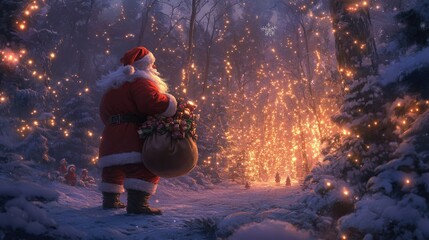 Fototapeta premium Santa claus in a snowy forest at night holding a bag of gifts with magical lights, celebrating merry christmas and happy new year