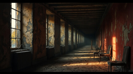 Fototapeta premium Abandoned Hallway with Peeling Paint