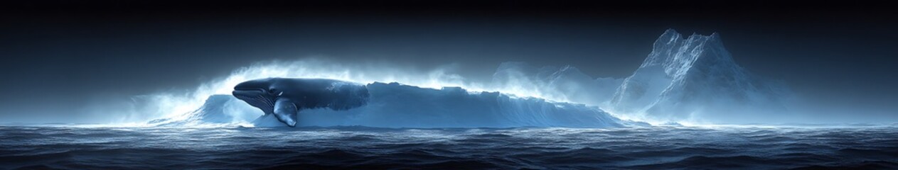 Fototapeta premium Silhouette of a whale in the mist, surrounded by an icy landscape.