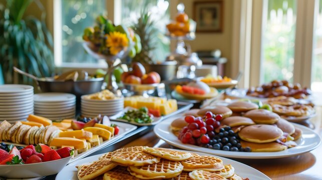 Hearty brunch buffet with pancakes waffles bacon eggs and fresh fruit served in a sunny breakfast room