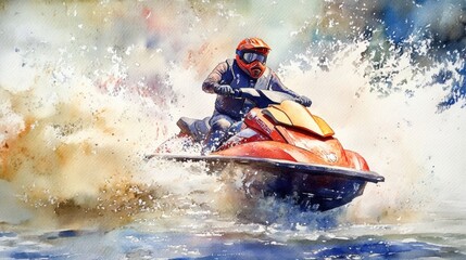 Artistic illustration of jetski in water. Summer tropical sports.