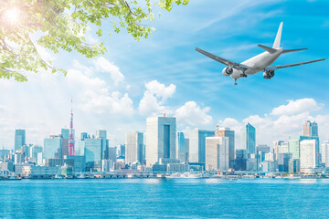 Tokyo cityscape and airplane travel image.