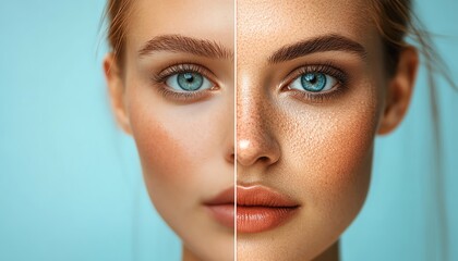 A compelling image featuring a womans face split in half, showcasing the contrast between healthy, glowing skin and skin with health conditions