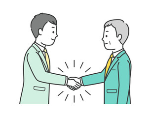 事業継承を成功させ握手をしている高齢男性と若いビジネスマンの上半身イラスト
