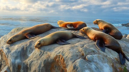 Seals Relaxing on Rocky Shoreline by Ocean