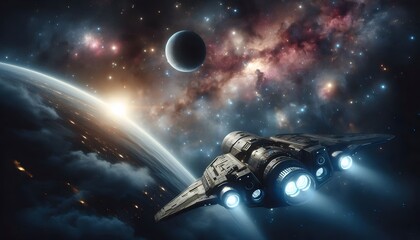 A vast outer space scene, with a spaceship soaring past a distant planet. Stars, nebulae, and distant galaxies fill the background, and the spacecraft is sleek, with futuristic design elements like gl