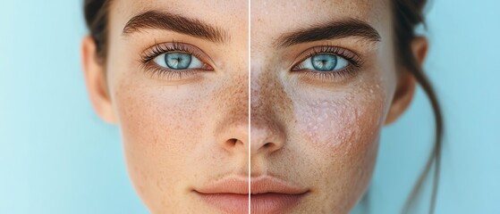 An impactful split image of a womans face, featuring clear, beautiful skin on one side and skin with visible health conditions on the other, emphasizing contrast