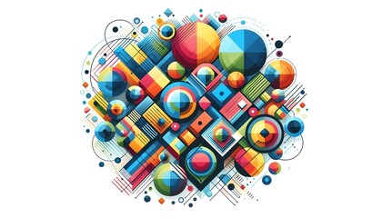 Obraz premium An abstract design of interconnected geometric shapes, such as circles, triangles, and squares, in a variety of bright colors. The shapes overlap and interact, creating a dynamic sense of depth and mo