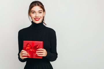 Fototapeta premium This description highlights a young Caucasian woman joyfully holding an elegant gift box with a red ribbon, exuding happiness and a chic aura, while radiantly smiling. She looks stylish and happy