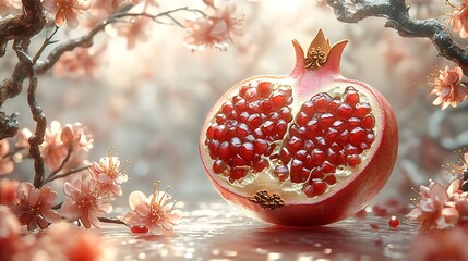 A halved pomegranate with red seeds, sits on a table with pink blossoms around it.