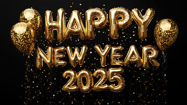 gold color helium balon happy new year 2025 black background