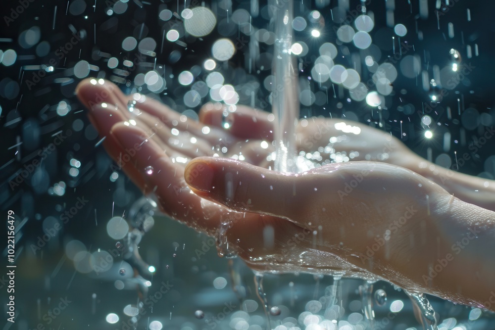 Poster a gentle stream of water flows over hands, highlighting the importance of hygiene and the refreshing