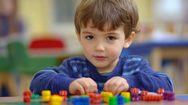 Kindergartener enjoying a numbers day playing math games and counting objects with colorful counters